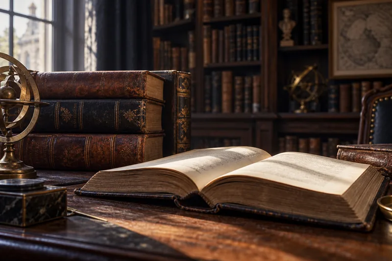 Illustration de livres anciens ouverts sur une table de bibliothèque.