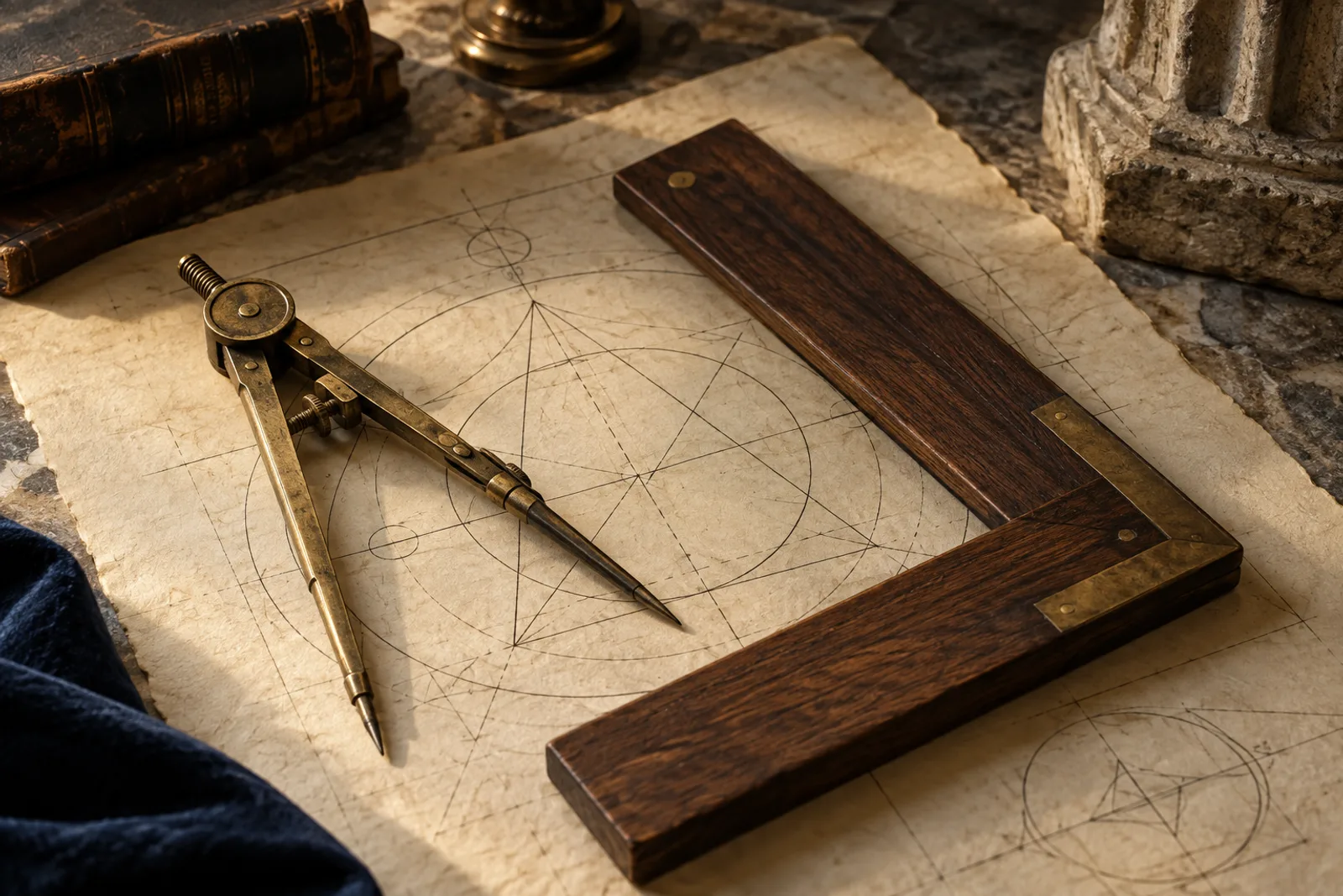 L’équerre et le compas, outils de construction et de réflexion.